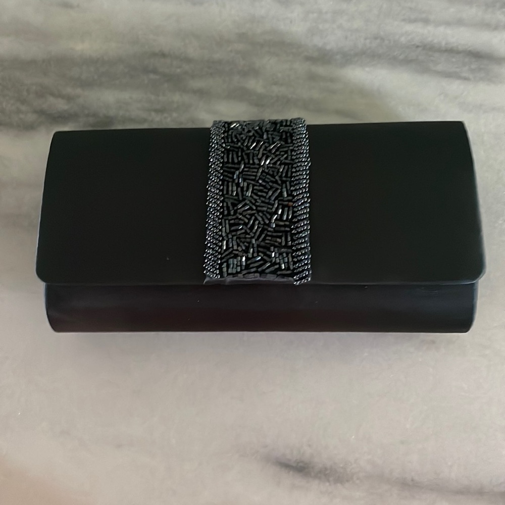 NWOT gray satin beaded dress clutch.